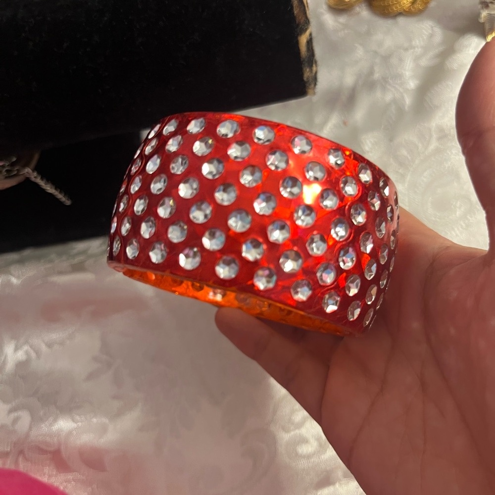 Red Plastic Rhinestones Bangle - image 3
